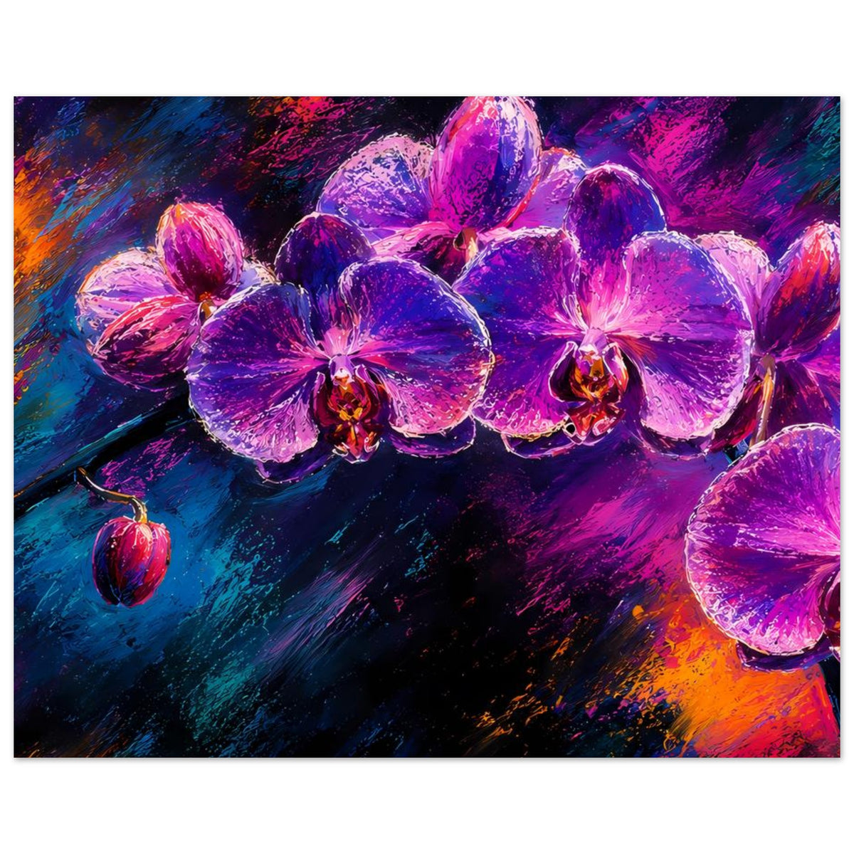 Poster im Rahmen: violette Orchideen mit knalligen Farbverläufen, Strukturen wie Pinselstriche