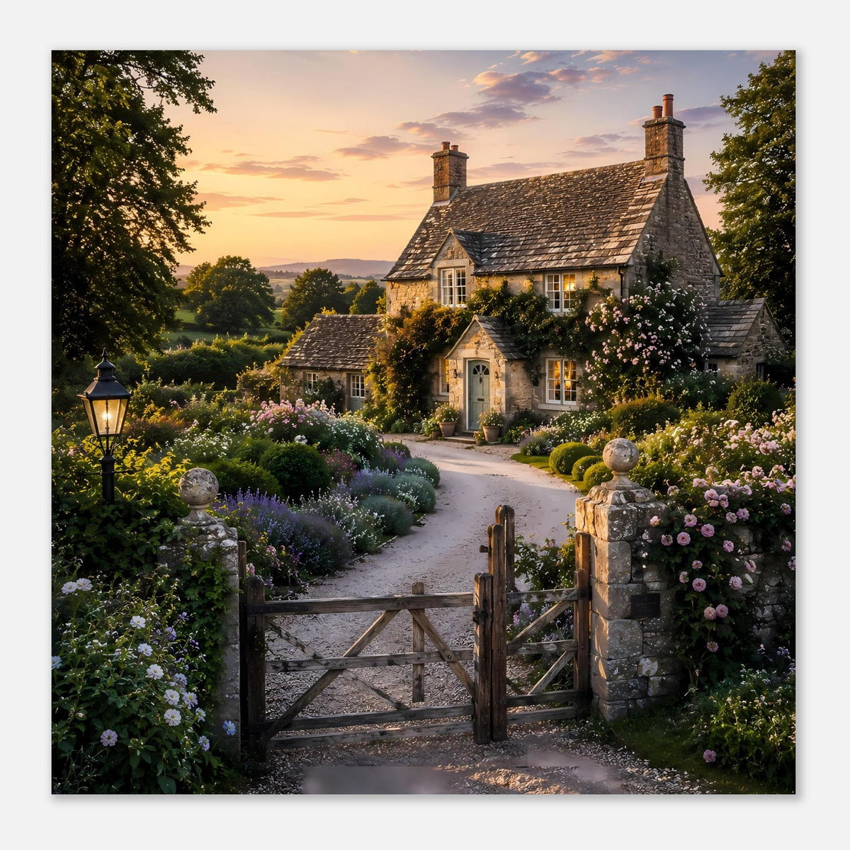 Premium-Poster mit Landhaus, Blumenbeeten und Kiesweg, gerahmt am Gartentor