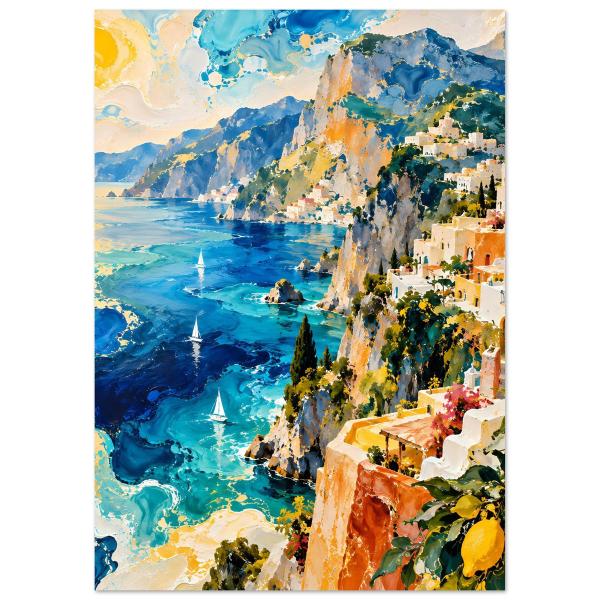 Hochformatiges Küstenlandschafts-Poster: türkisblaues Meer, Berge und orangefarbene Häuser