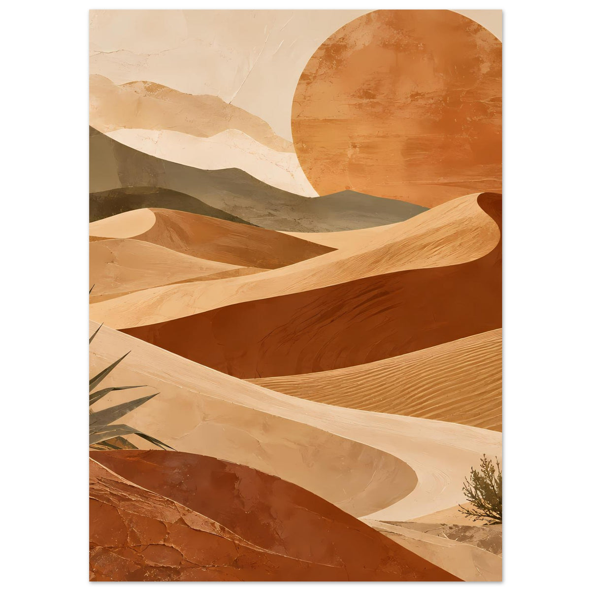 Poster mit Wüstenkunst im Hochformat: warme Dünenlinien, runde Sonne, sandige Hügel
