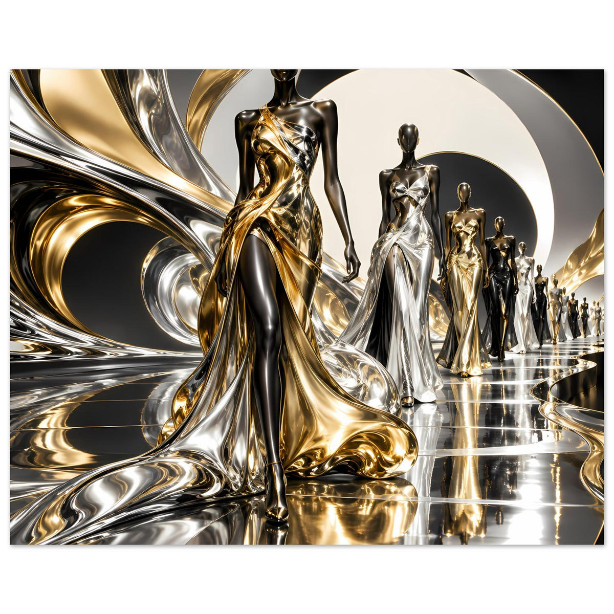 Gold-Silber Poster: gebogene Metallic-Wellen und silbern-goldene stehende Figuren
