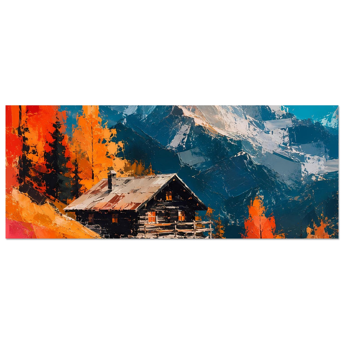 Querformat-Bergposter mit Blockhütte, orangefarbenen Bäumen und blauem Gebirge im Hintergrund