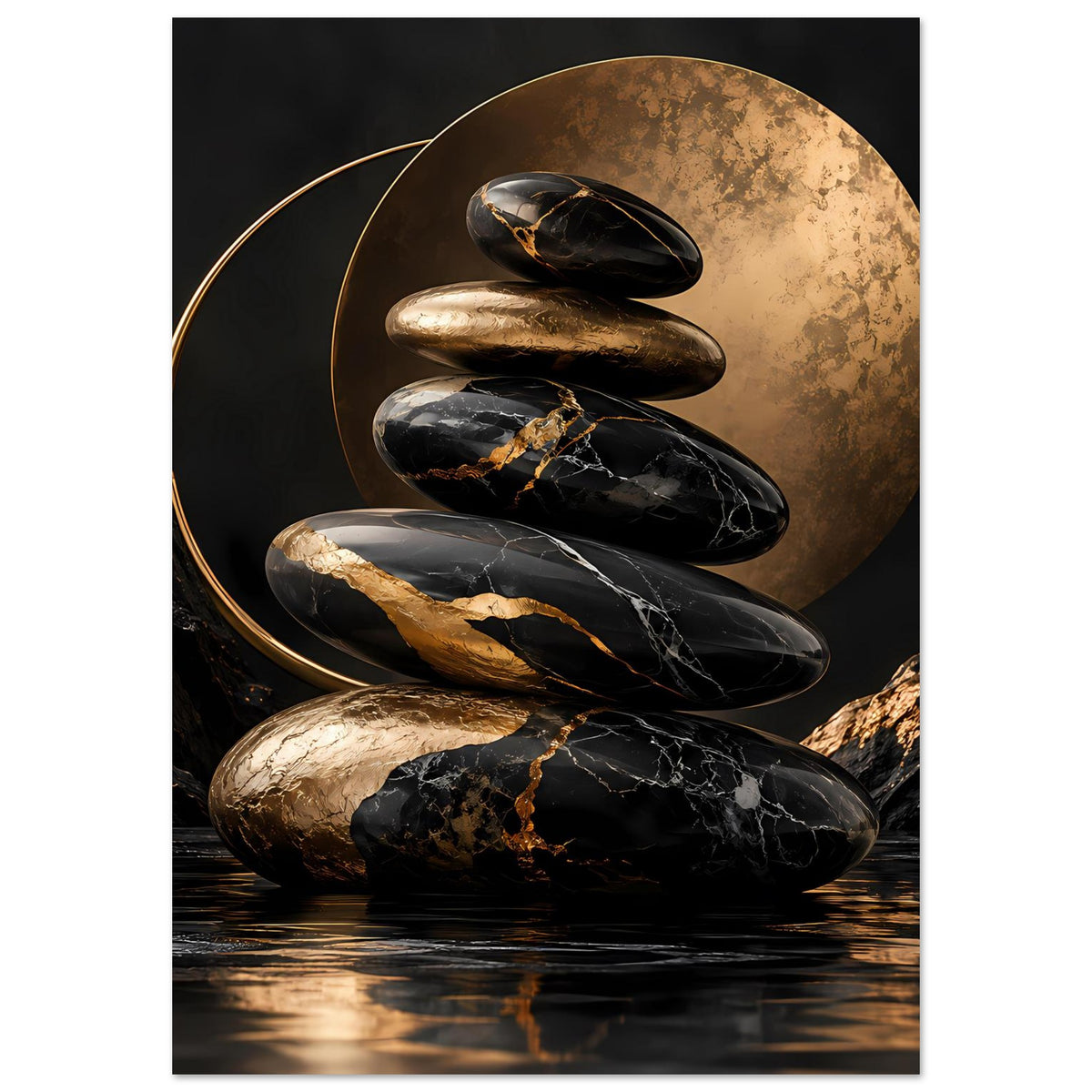 Hochformat-Poster mit Zen-Steinen in Gold und Schwarz, kreisförmiges Ornament