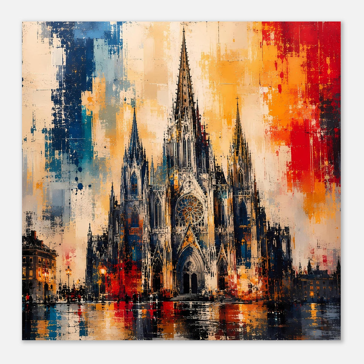Großformatiges Poster: gotische Kathedrale mit fein gezeichneter Fassade, Blau-Rot Farbverlauf