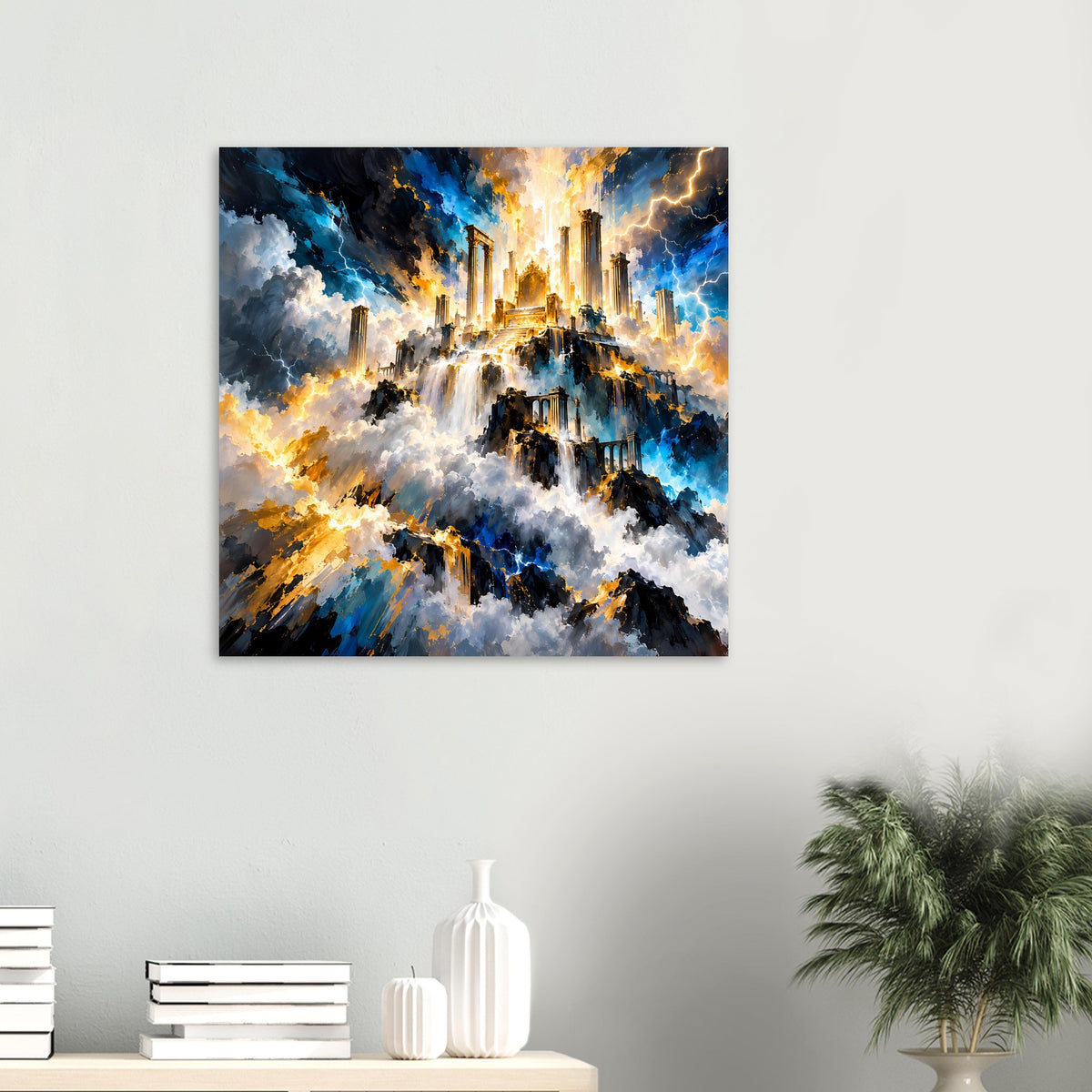 Quadratisches Fantasy-Poster mit schwarzem Rahmen: blaue Wolken und goldene Lichtstrahlen