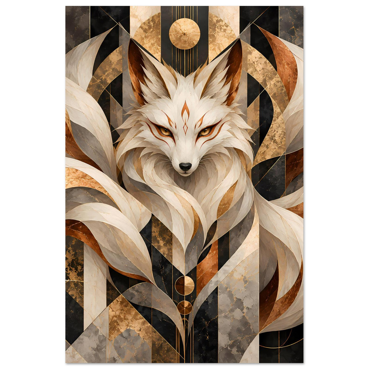 Vertikales Poster: Wolf-/Fuchsfigur mit goldener Kugel oben und dunklen Streifen