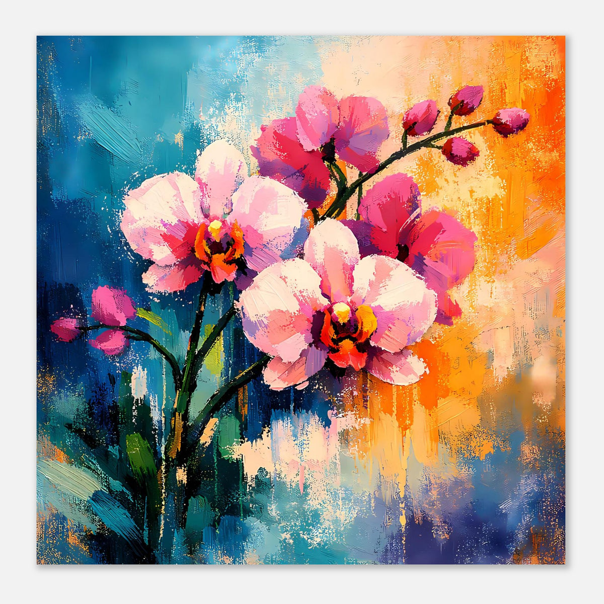 Mittleres Blumenposter mit rosafarbenen Blüten, dunklem Ast und blau-orangen Flächen
