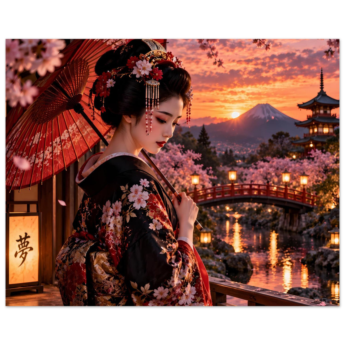 Poster: Frau im schwarzen Kimono mit Kirschblüten, roter Fächer-Schirm, Pagode