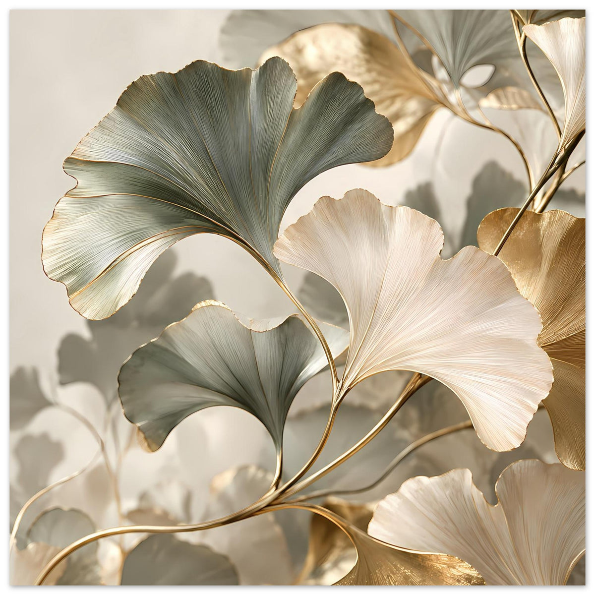 Poster mit Ginkgo-Blättern in Grün und Creme; goldene Linien, Blattrippen und Akzentflächen
