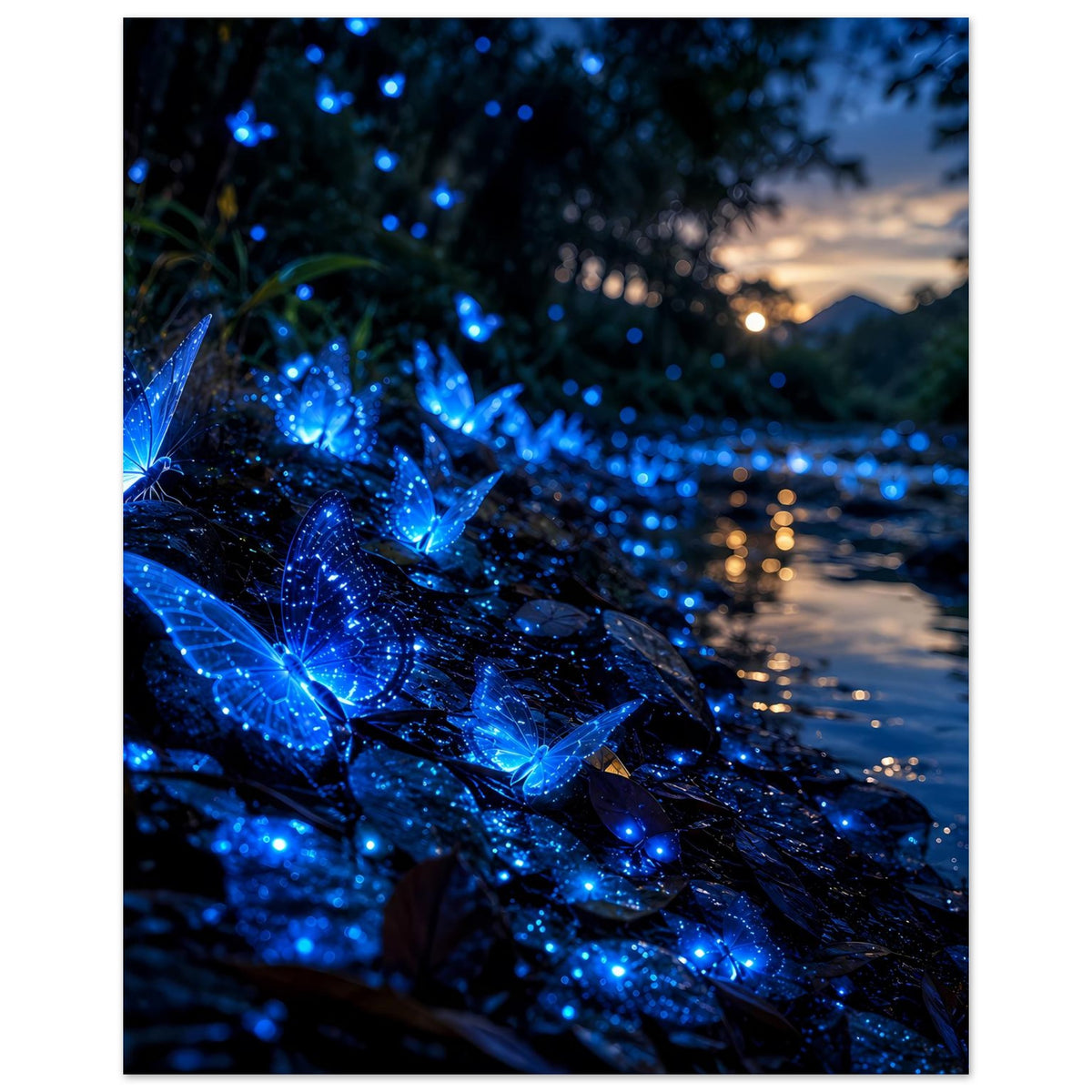 Schmetterlings-Poster mit leuchtend blauen Flügeln und dunklem, glitzerndem Muster