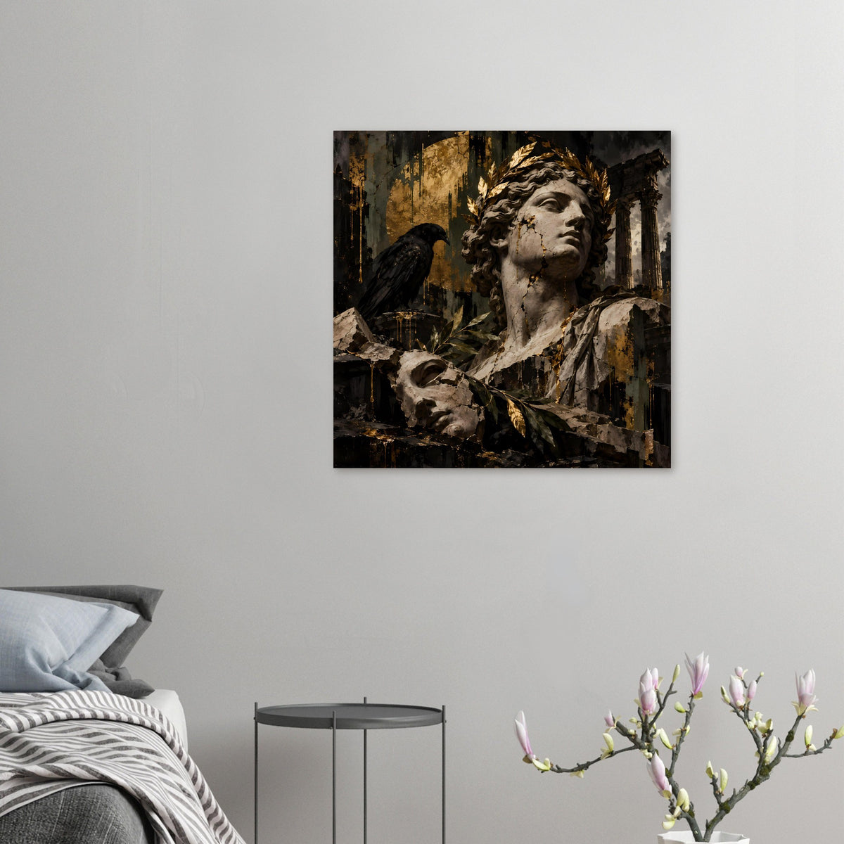 Barockes Poster im Rahmen: Statue mit Lorbeerkranz, Goldakzenten und Vogel