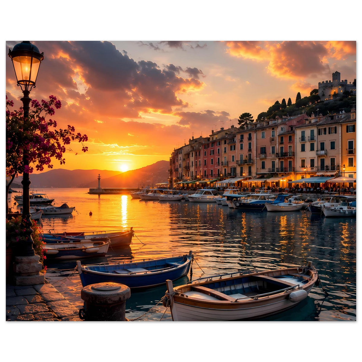Poster mit Hafen-Sonnenuntergang, Laterne, Boote am Kai und ruhiges Wasser