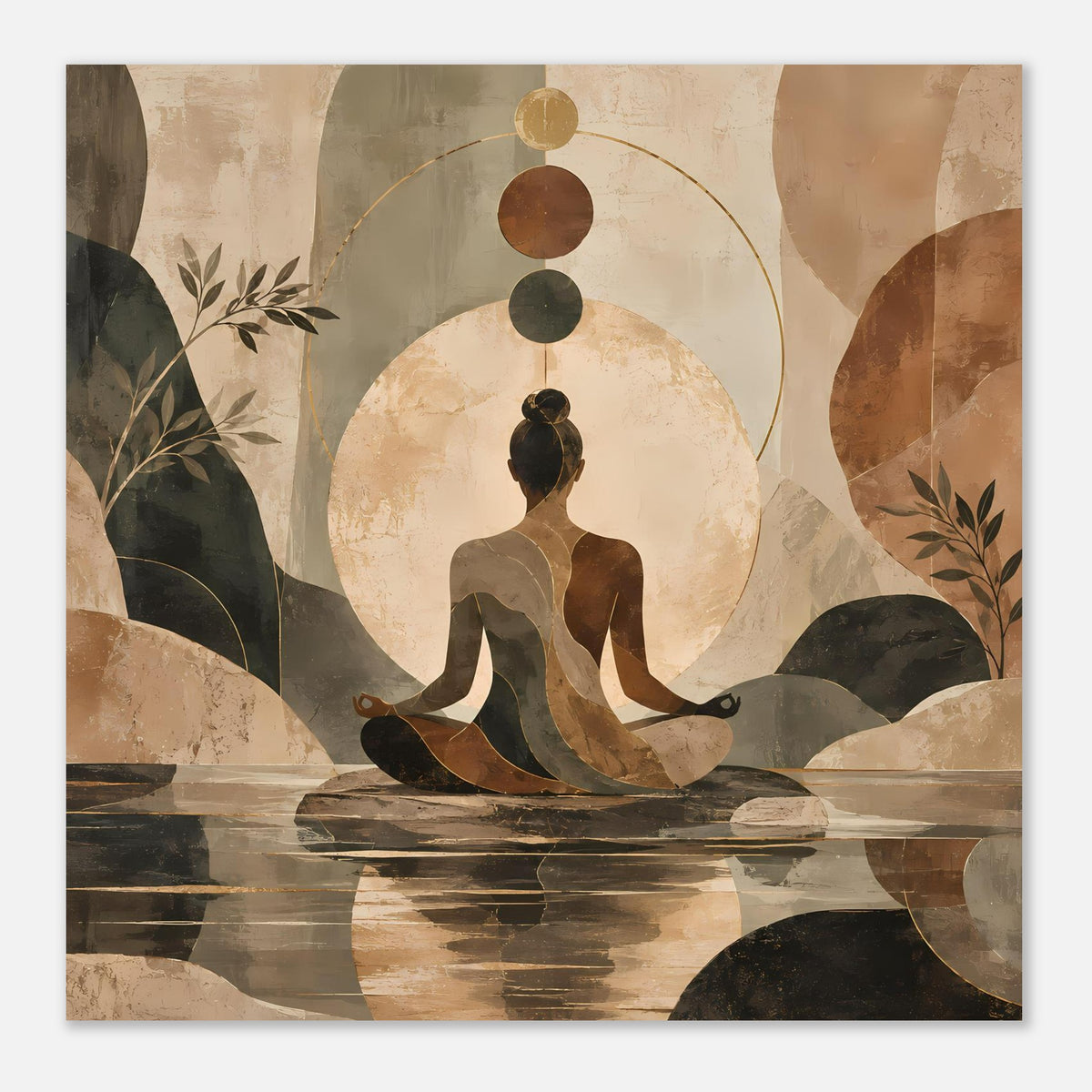 Abstraktes Meditationsposter mit sitzender Silhouette, Kreis mit Linien und Erdtönen