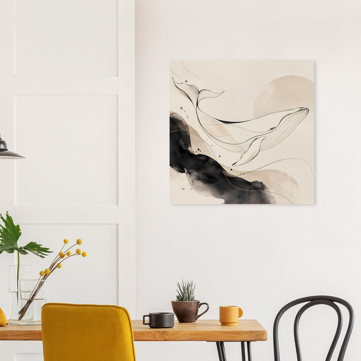 Abstraktes Meeresposter: Wal-Silhouette mit feinen Linien, Beige und Schwarz