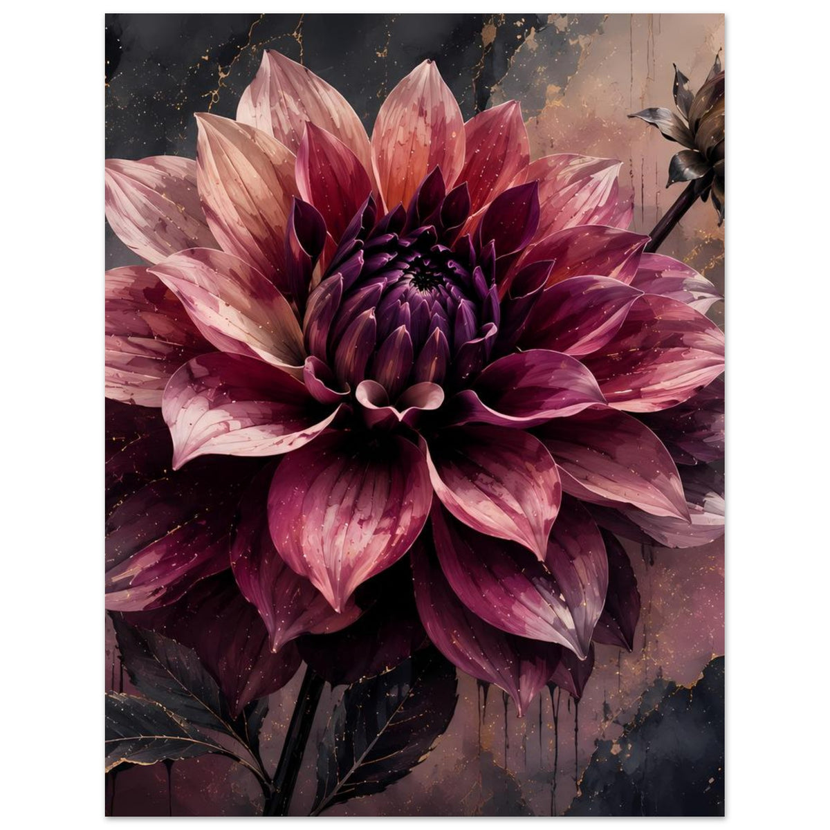 Dahlienposter mit dunkellila Blüte, rosa Spitzen und goldenen Adern