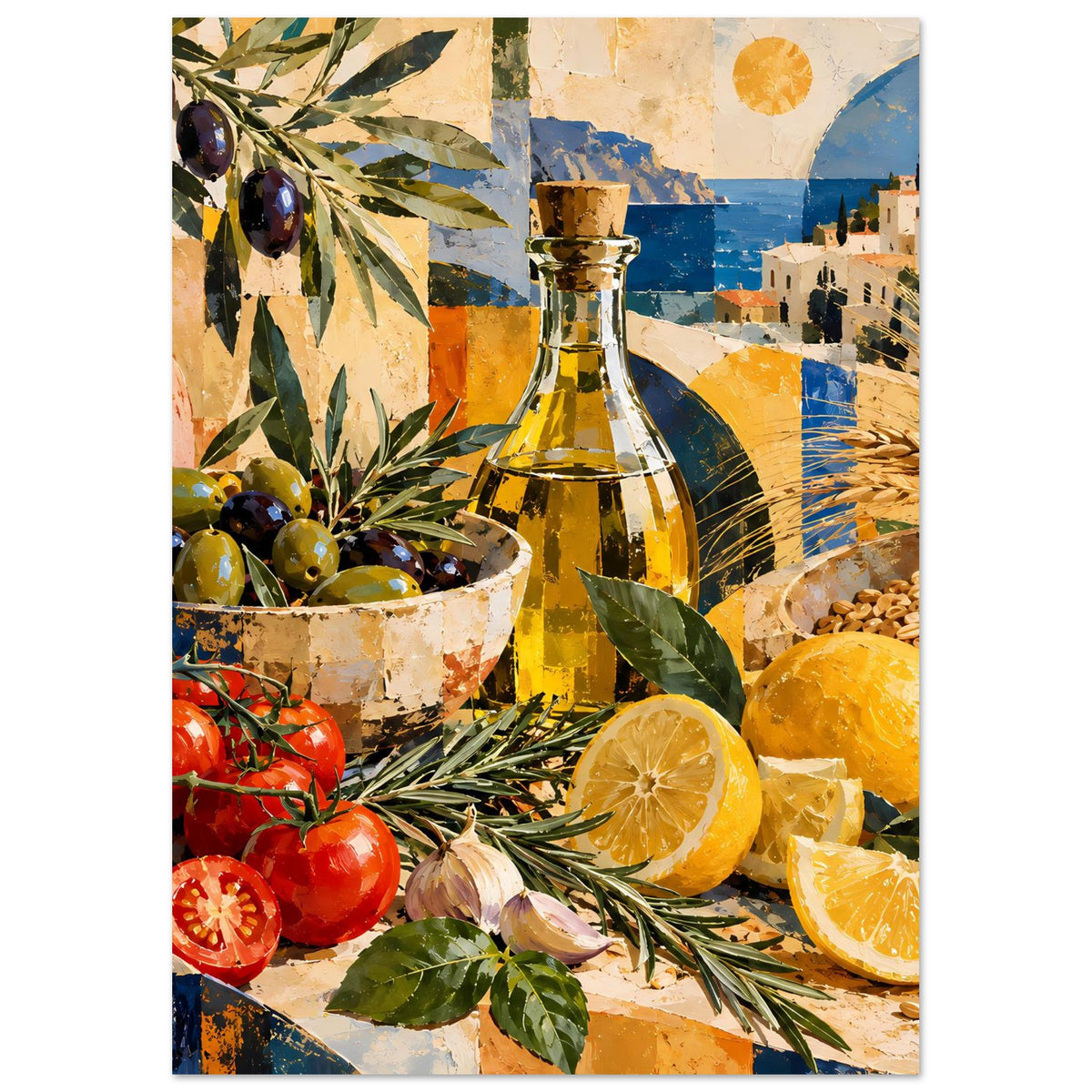 Stillleben-Poster, Fokus auf Ölflasche, Olivenschale, Tomaten, Zitronen und Weizenähren.