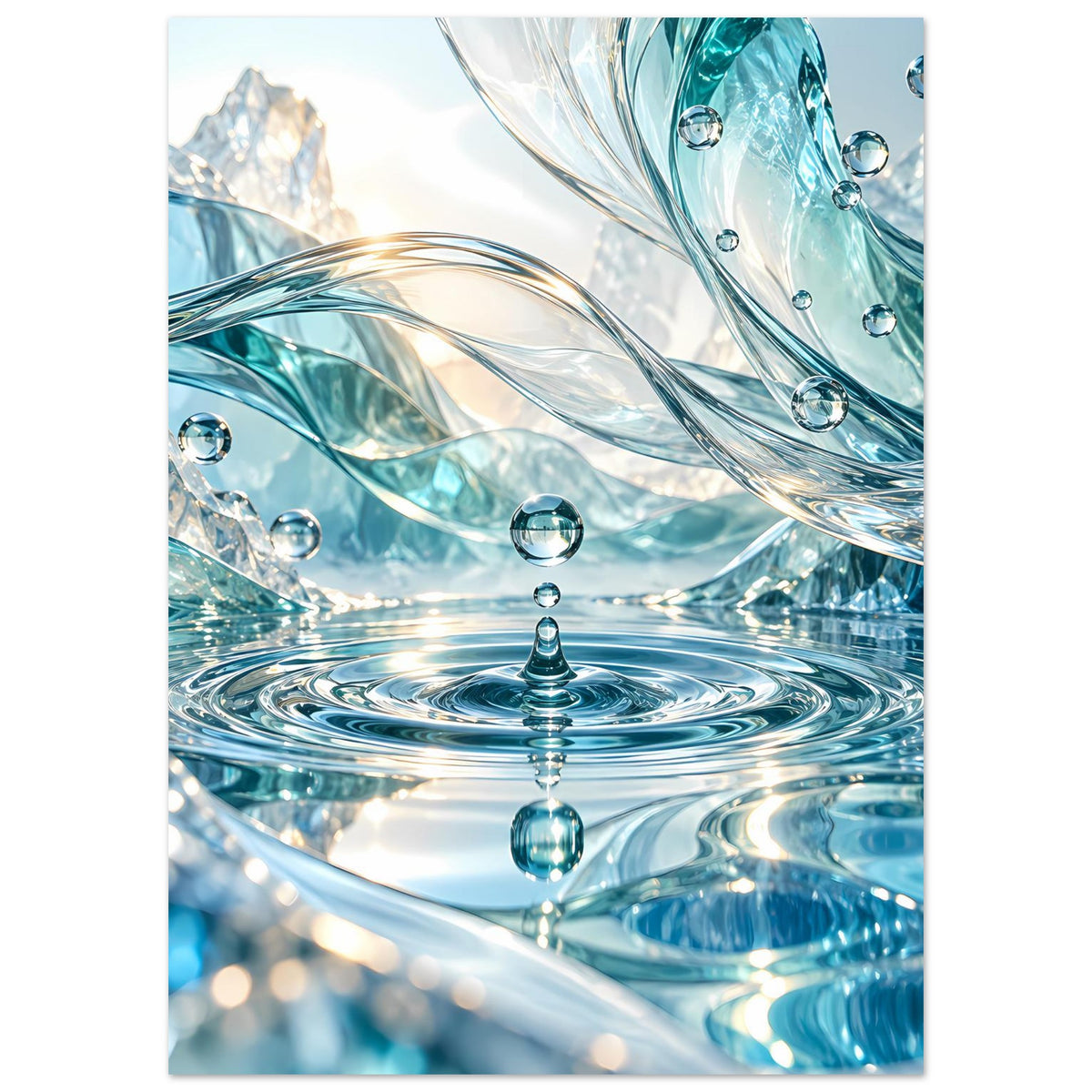 Wasserposter mit blau-türkisen Wellenringen und einzelnen Tropfen, klarer Mittelbereich