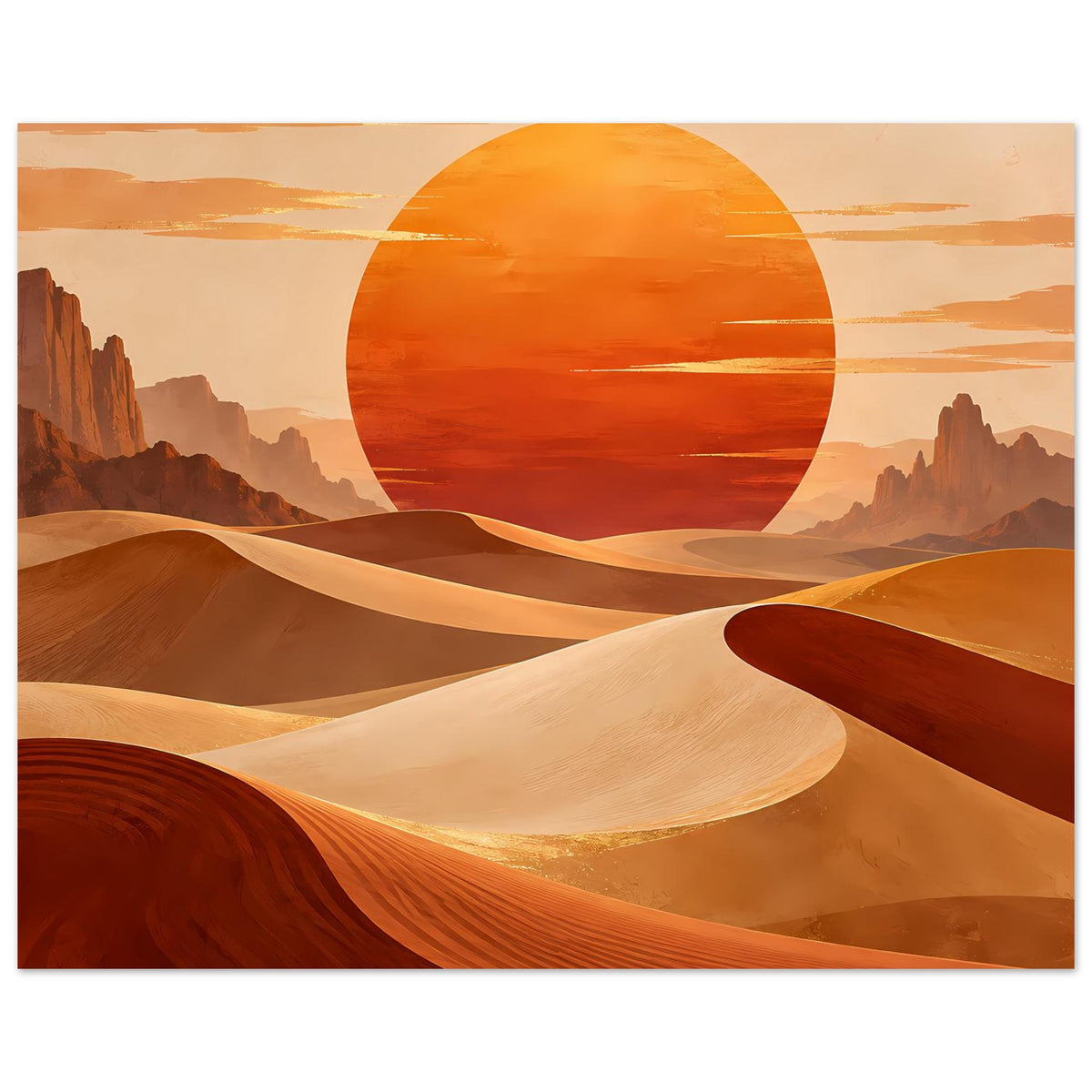 Horizontales Poster: große orangefarbene Sonnenscheibe, Wüstendünen und Felsberge im Hintergrund.