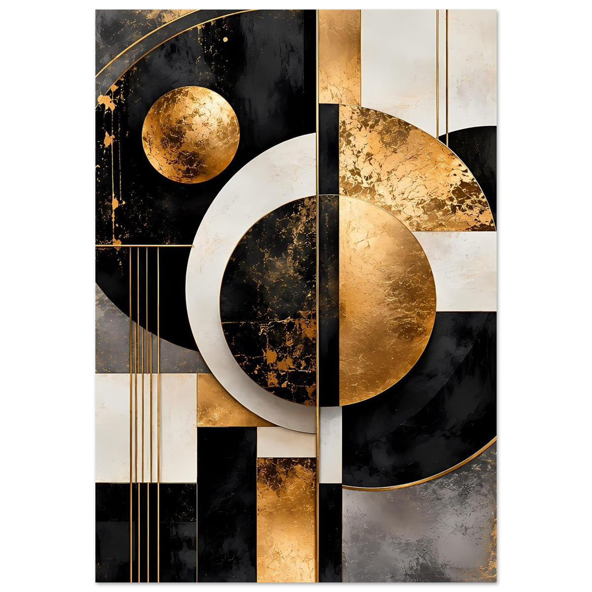 Poster mit goldener Kugel im Kreis, schwarze und cremefarbene Blockgrafik.
