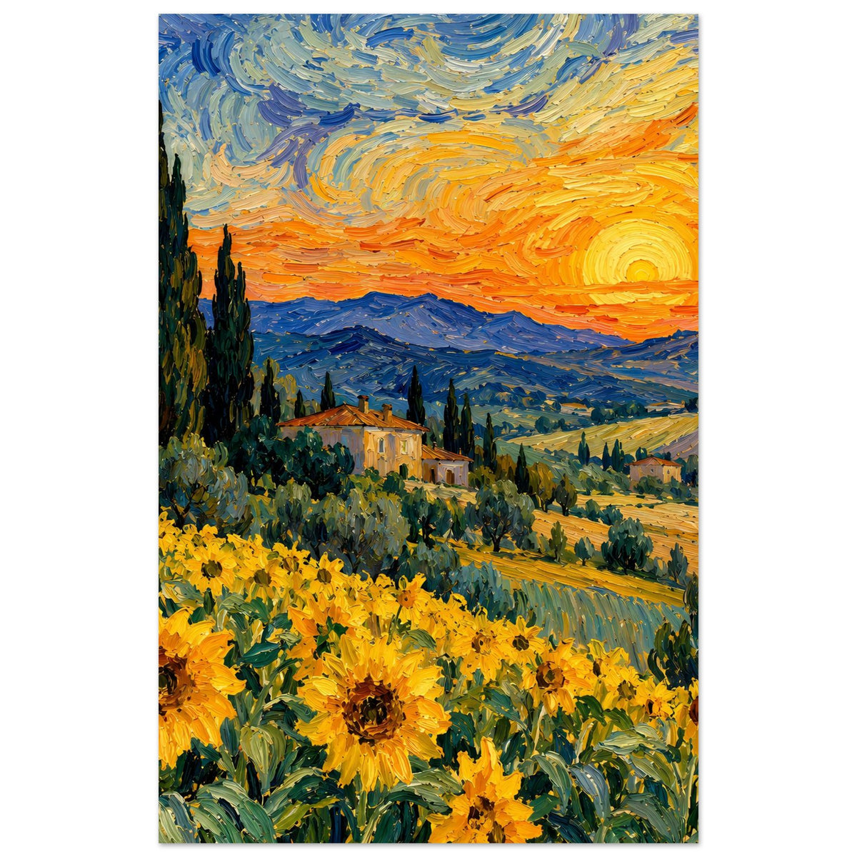 Kunstposter im Hochformat: Sonnenblumen im Vordergrund, Sonnenuntergang über Hügeln