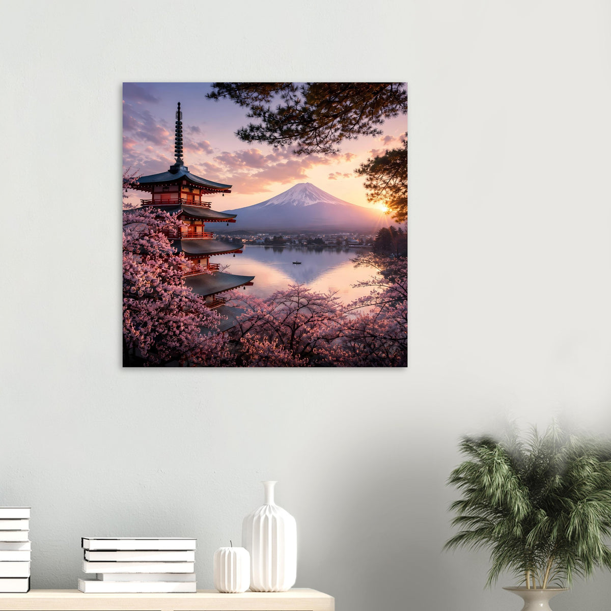 Quadratisches Wandposter mit Pagode, Berg Fuji, Kirschblüten und See bei Dämmerung