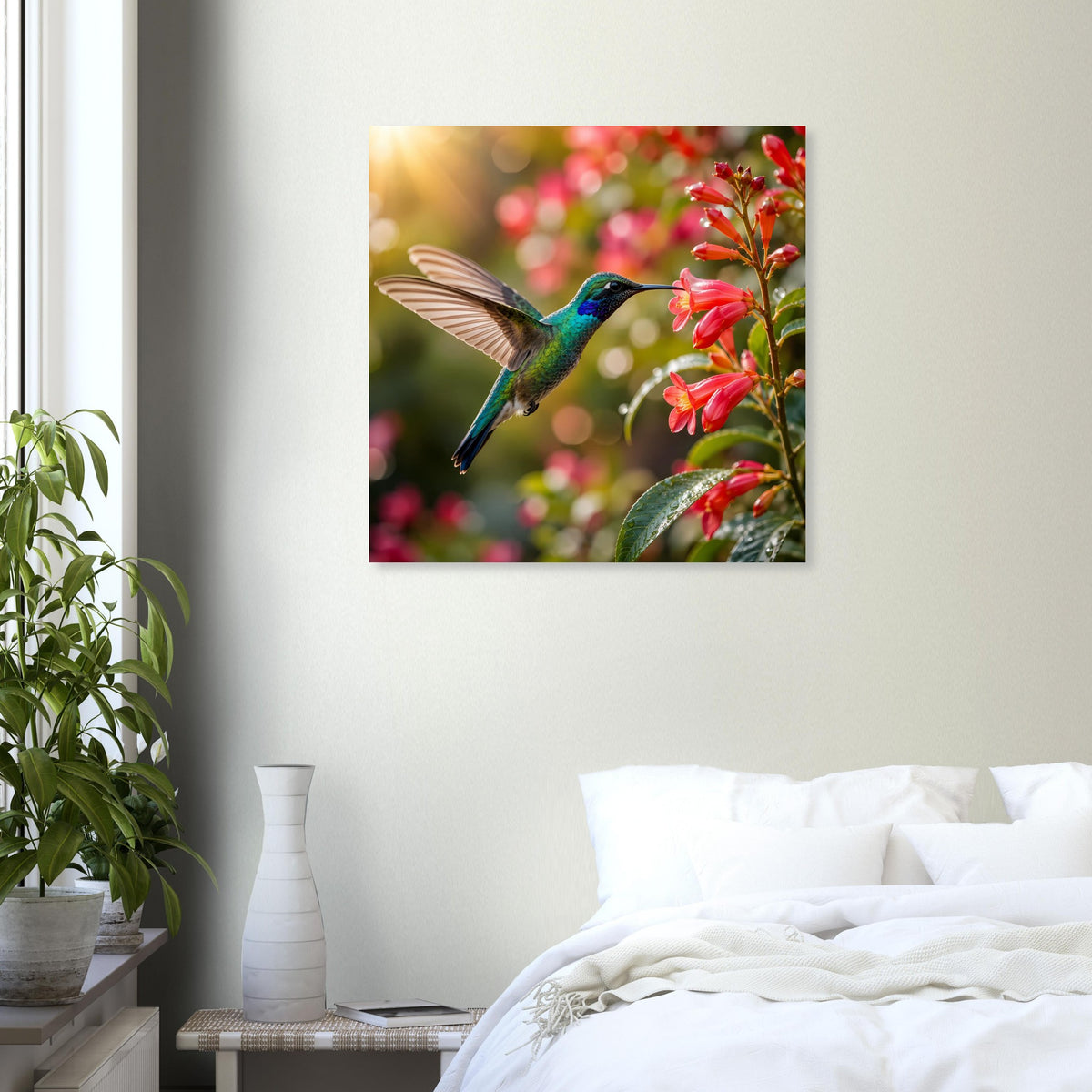 Quadratisches Poster mit Kolibri über roten Blüten, Blick nach links