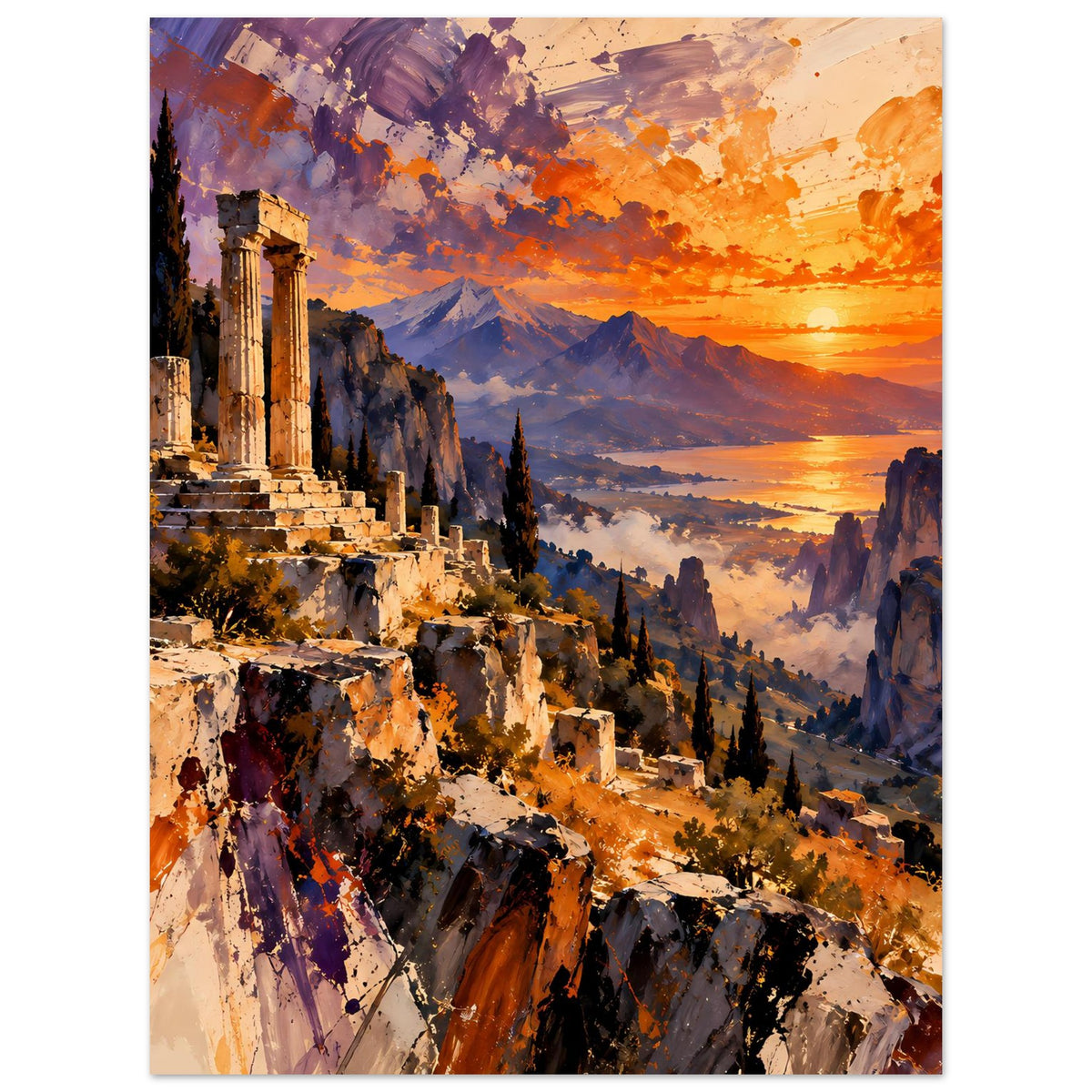 Poster im Hochformat mit antiken Säulen, dramatischem Himmel und Bergtal