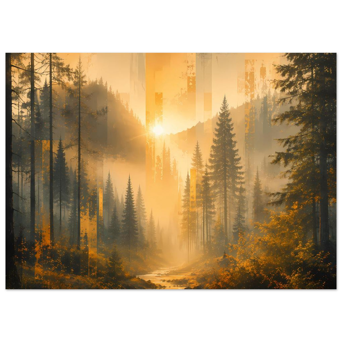 Wald-Poster im Querformat: Sonnenlicht zwischen hohen Bäumen über einem ruhigen Fluss