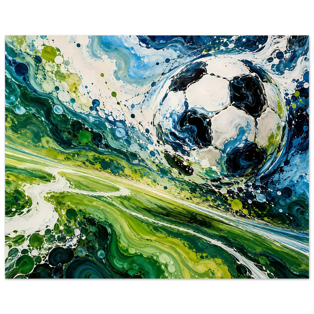 Fußball-Kunstposter mit abstraktem Farbspritzer-Motiv in Blau und Grün, Ball im Zentrum