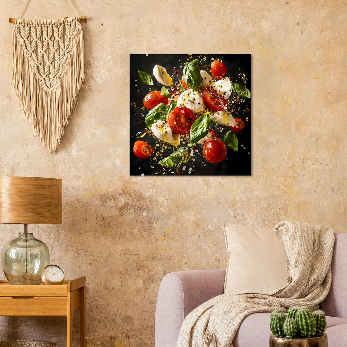 Wandbild-Poster mit Caprese-Salat-Motiv: rote Tomaten, Basilikumblätter, Mozzarella