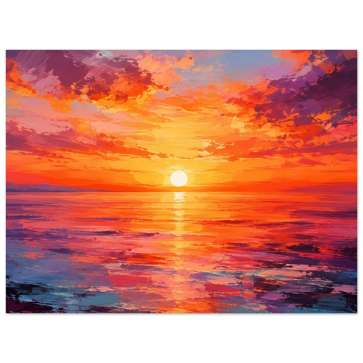 Poster mit Meer bei Sonnenuntergang, orangegelber Himmel, violettblaue Wolken und runde Sonne