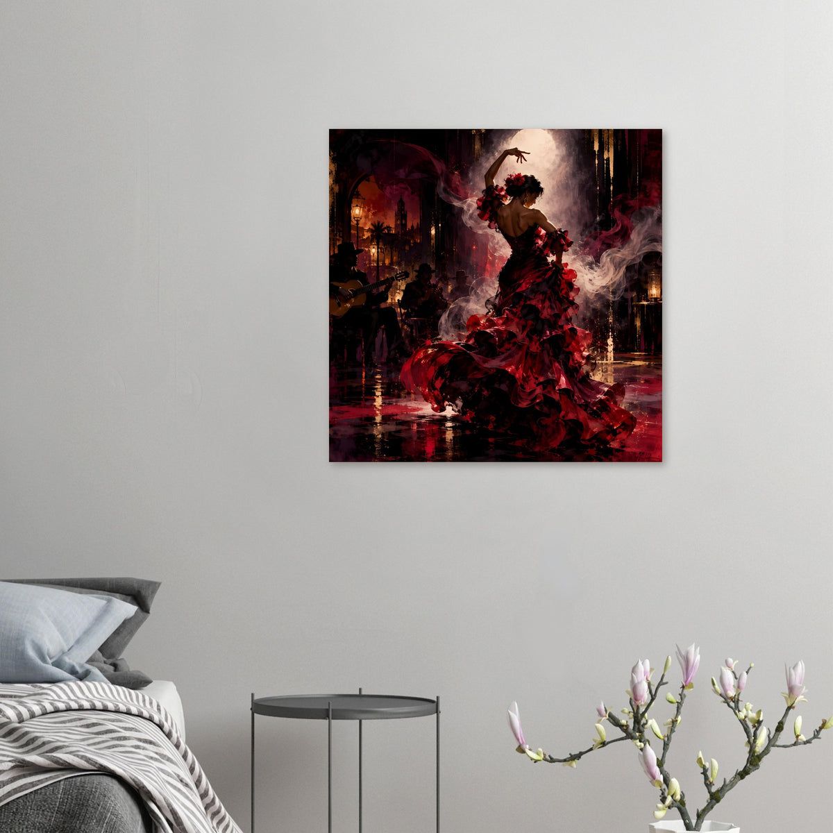 Flamenco-Passion-Poster: Tänzerin im roten Kleid mit Blumenkranz und dramatischer Silhouette
