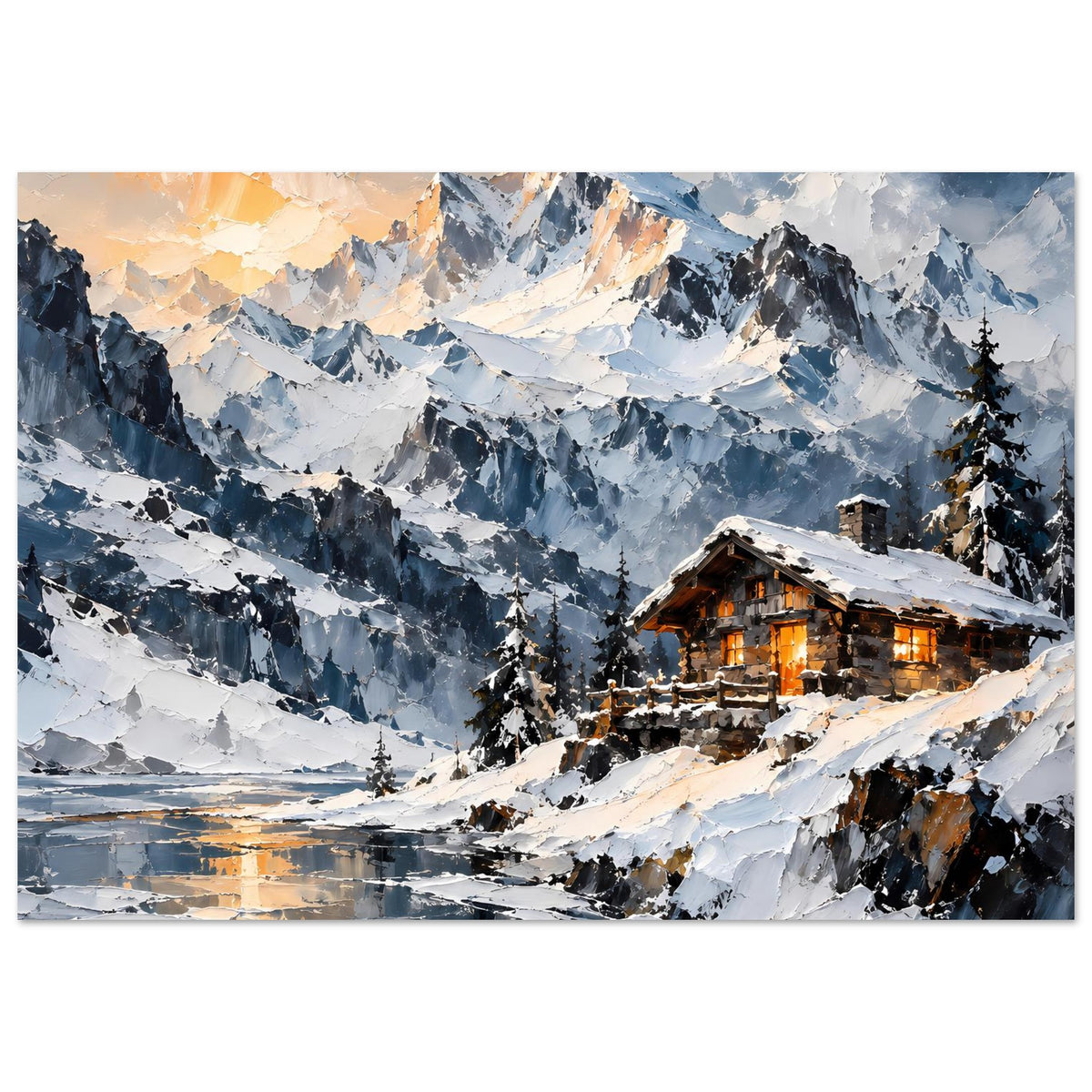 Winterlandschafts-Poster: verschneite Berge mit Alpenhütte und warm beleuchteten Fenstern