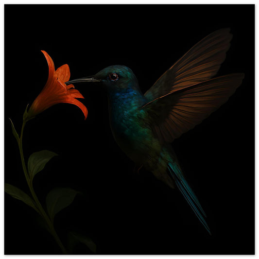 Kunstposter mit blaugrünem Kolibri im Flug und orangefarbener Lilie, ausgebreitete Flügel