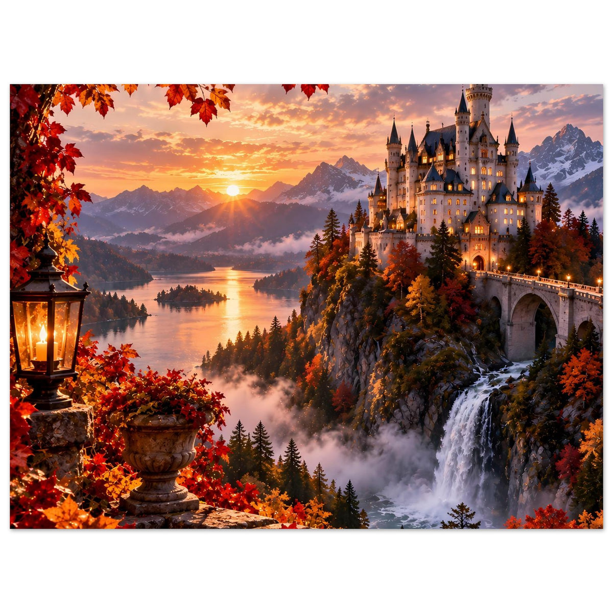 Poster mit beleuchtetem Schloss am Felsabhang, Wasserfall und Herbstlaub, matt