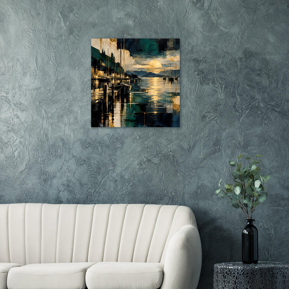 Maritimes Wandposter mit Hafenansicht, goldene Lichter und Blau im Rahmen