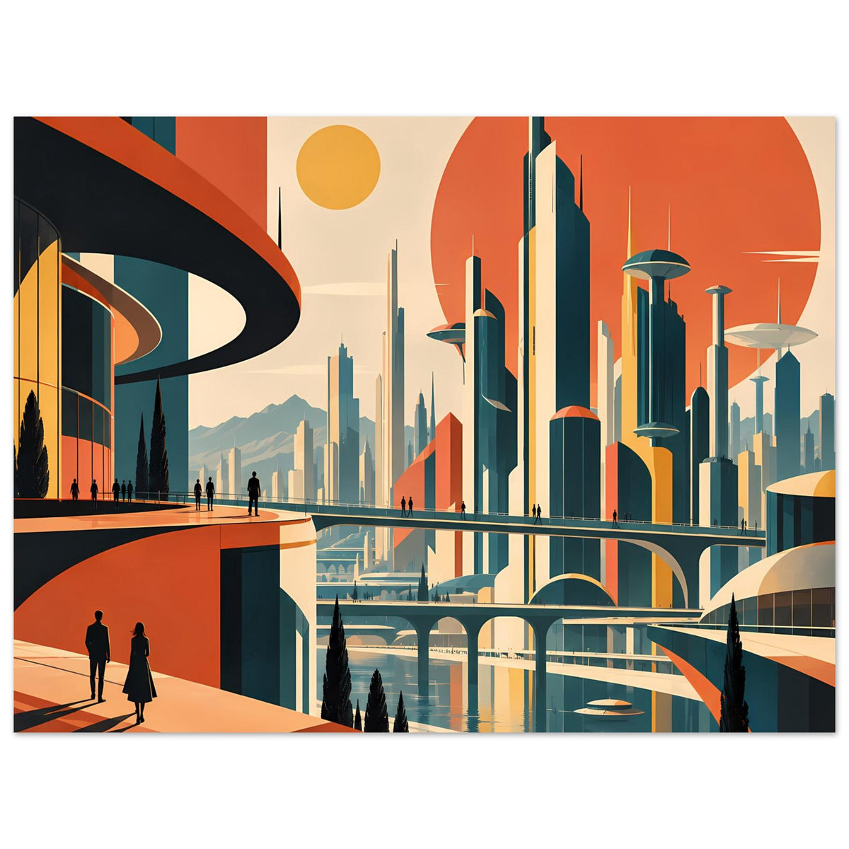 Horizontales Stadtposter: futuristische Wolkenkratzer, gebogene Brücke, rote Monde und Personen