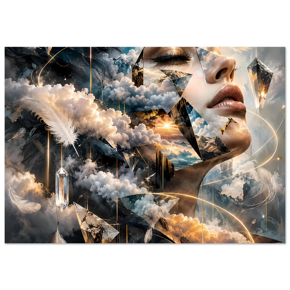 Surrealer Traumlandschafts-Poster im Querformat mit Frauenprofil, Wolken, Feder und Lichterlinien