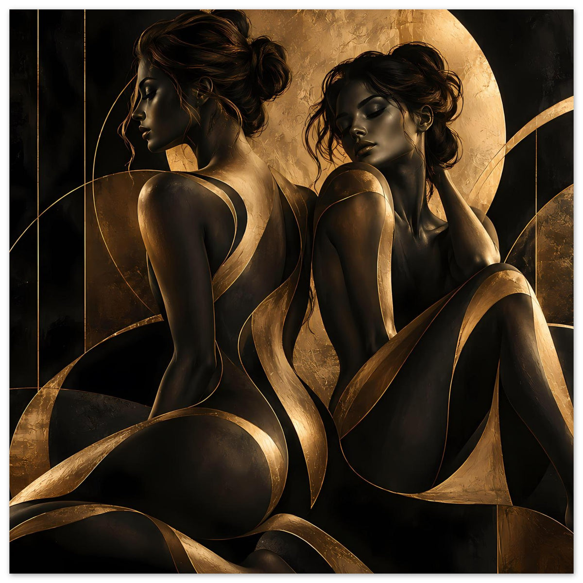 Kunstposter im Querformat mit zwei Frauenakt-Silhouetten, goldenes Halo-Element