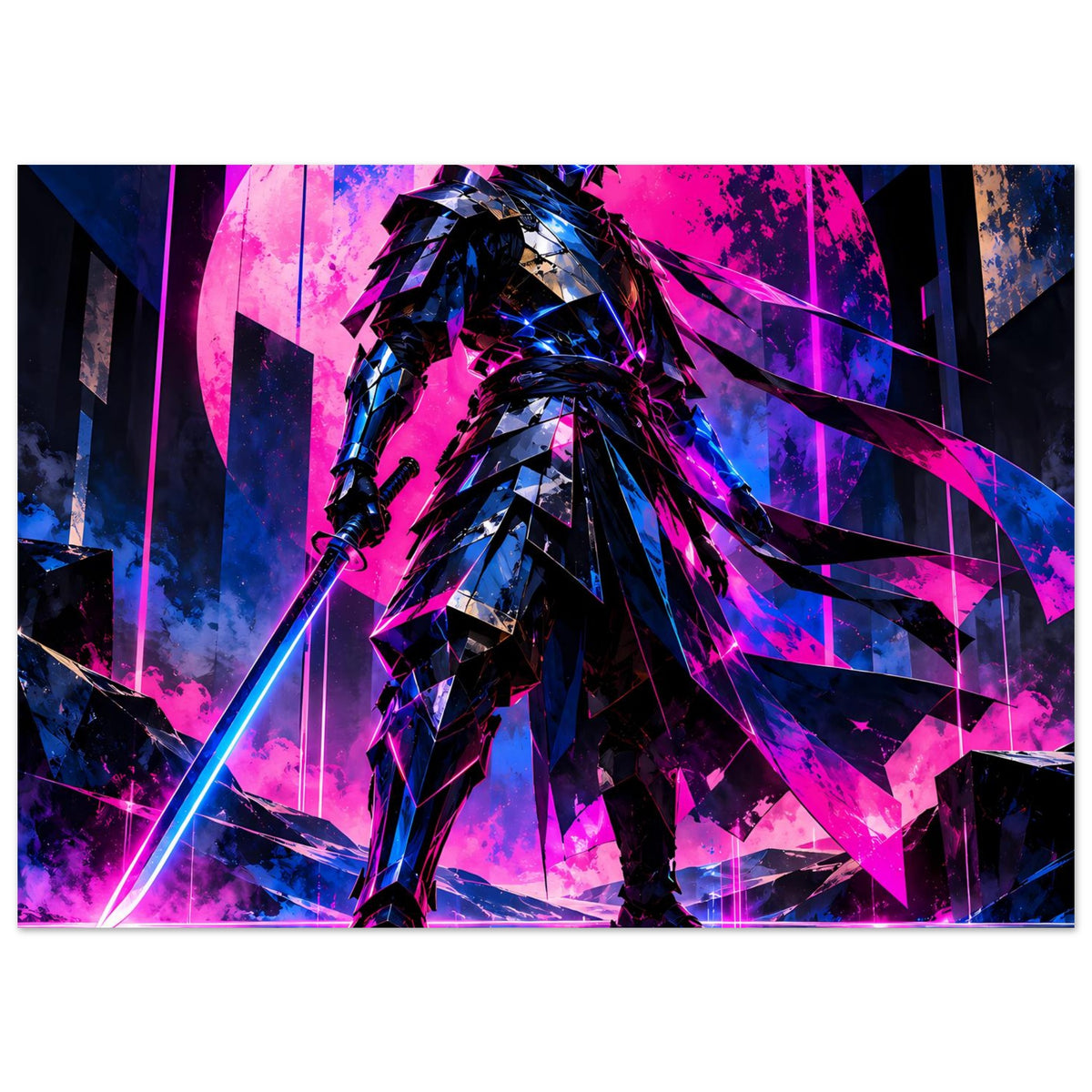 Neon-Cyberpunk-Poster im Querformat: Samurai in Schwarz und Neonfarben Pink/Blau, stehende Pose