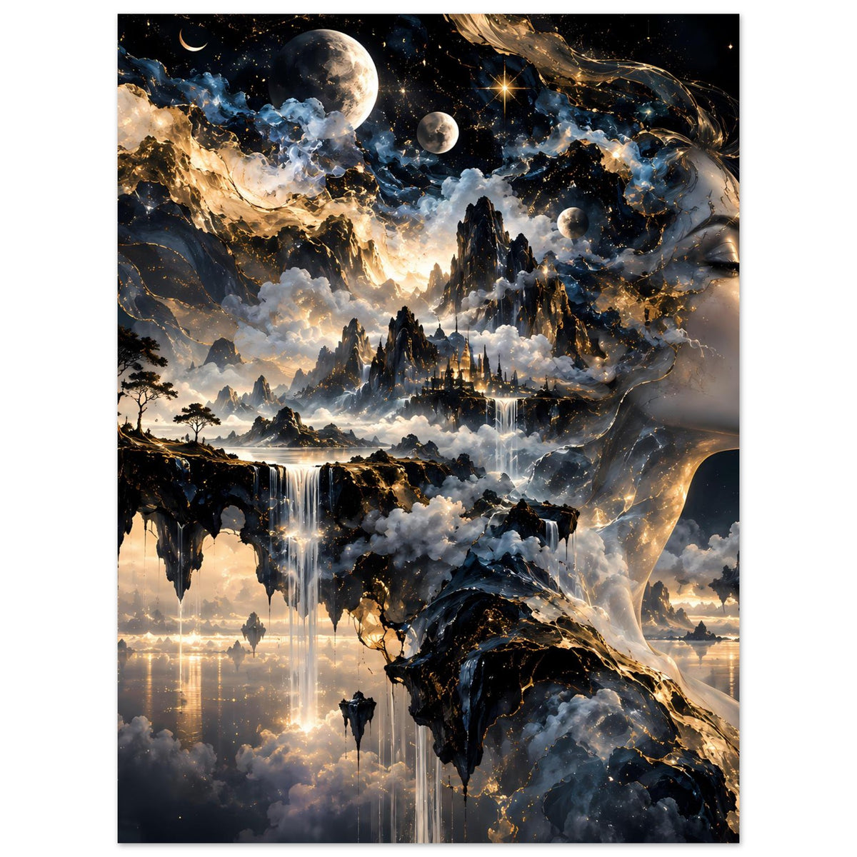 Surreales Poster mit kosmischer Traumlandschaft: Monde, Wolken, leuchtende Wasserfälle