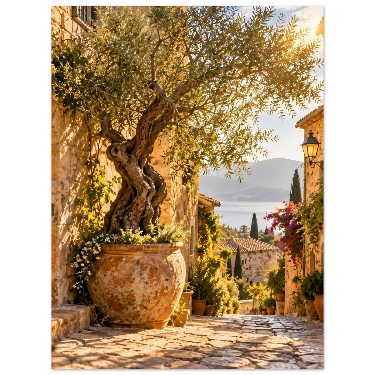 Hochformat-Poster mit Olivenbaum im Topf, Blumenschmuck und mediterraner Gasse