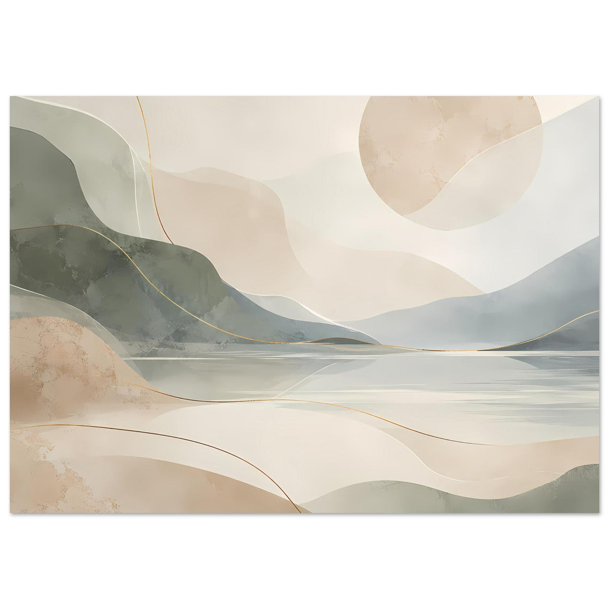 Abstraktes Poster mit Bergen und See in Beige, goldenen Linien und welligen Formen