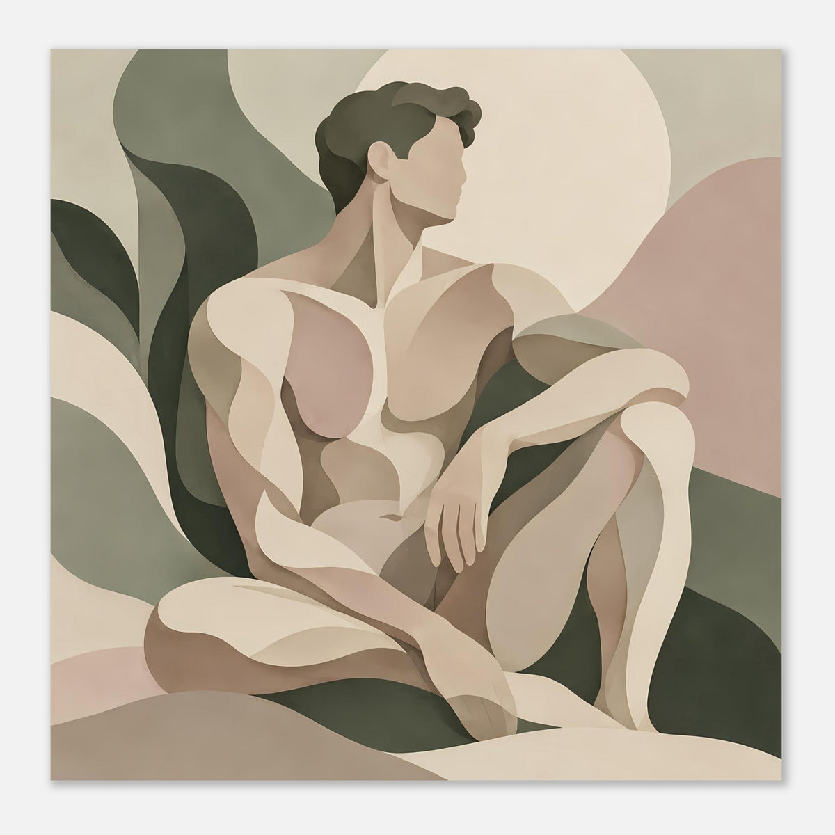 Kunstposter mit abstrakter sitzender Figur in Erdtönen, mit großem hellem Kreis im Motiv