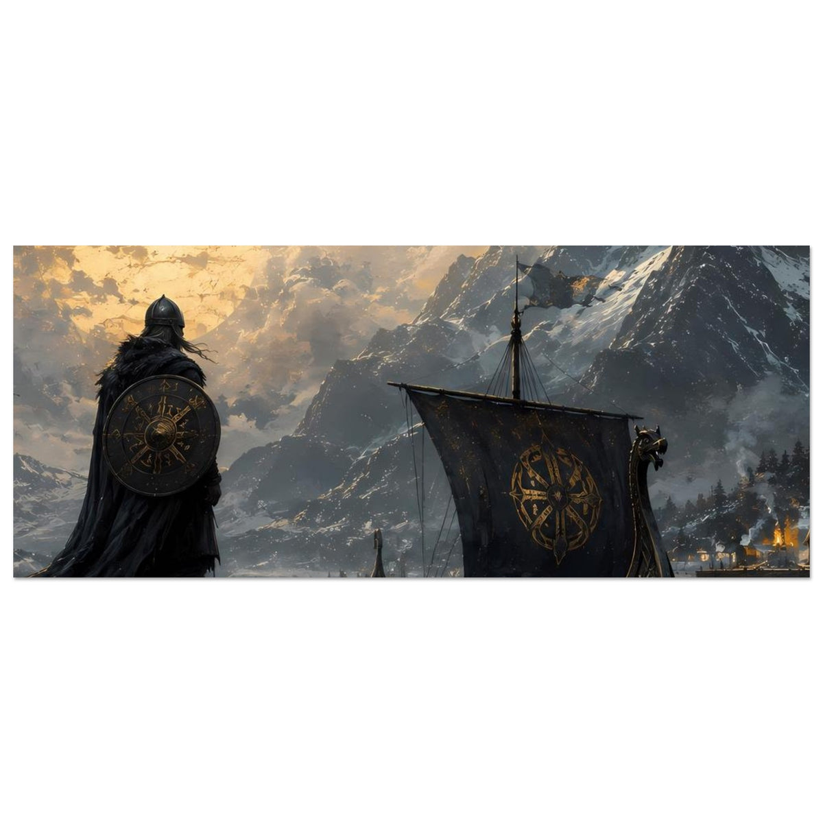 Poster mit Wikingerkrieger und Drachenboot, horizontale Ansicht mit nordischen Bergen
