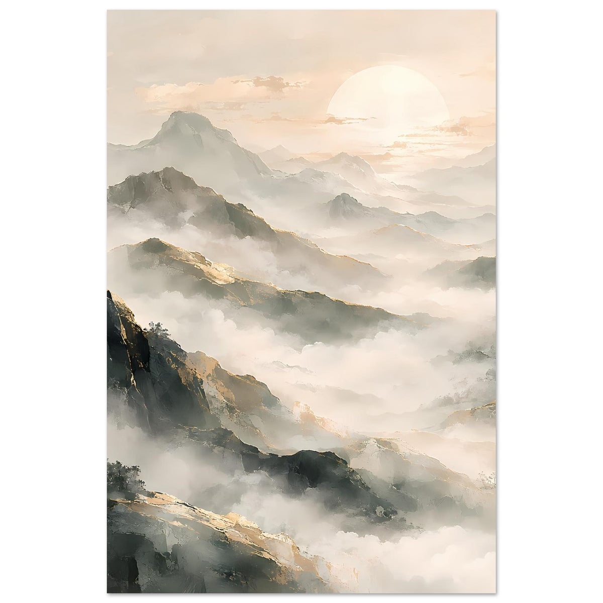 Bergpanorama-Poster, hochkant: ruhige Nebellandschaft, Sonne am Himmel, warme Beigetöne