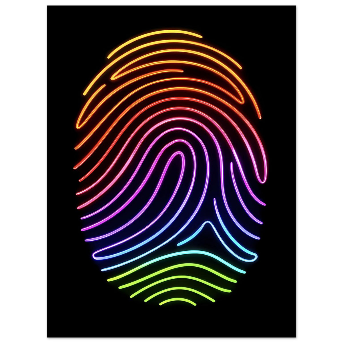 Regenbogen-Fingerabdruck-Poster: gebogene Neon-Linien in Orange, Rot, Violett, Blau und Grün auf Schwarz