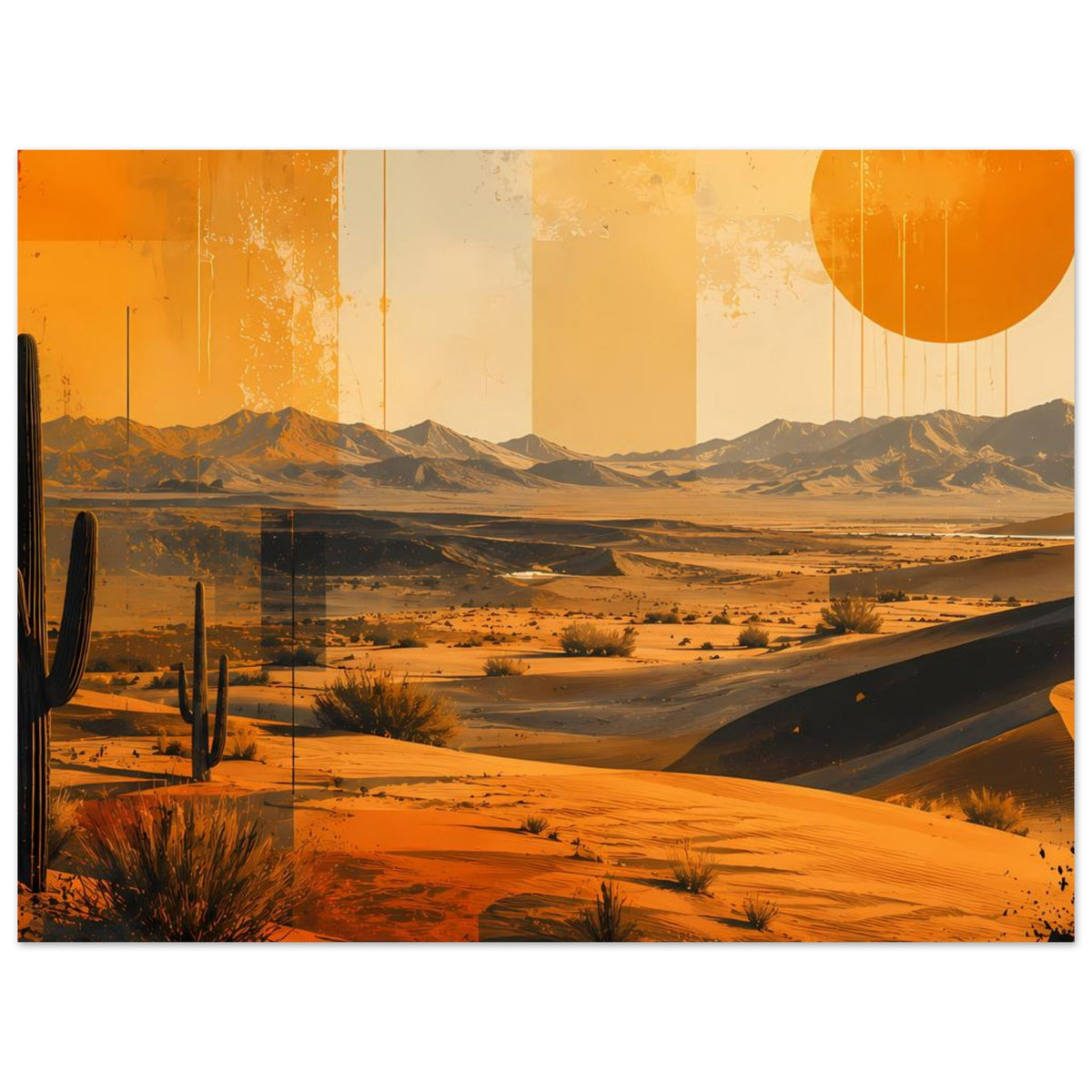 Wüstenlandschaft Poster: orange Sonne, weite Dünenlandschaft und einzelne Kakteen links