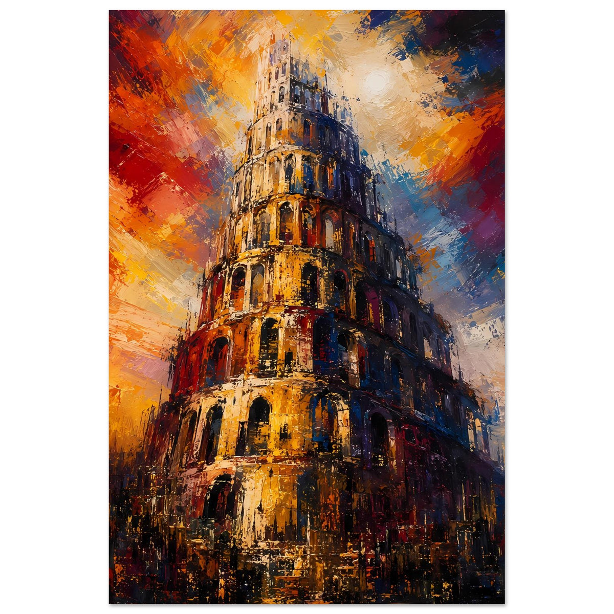 Druckposter Turm von Babel mit kräftigen Farbverläufen, schwarzer Rand, Hochformat.