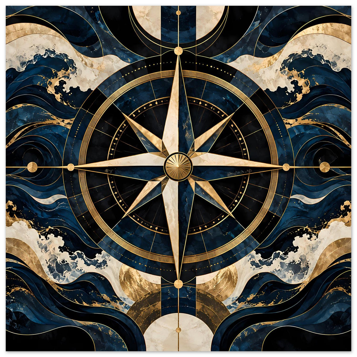 Maritimes Navigationsposter mit Kompassrose und goldenen Markierungen, Blau und Gold